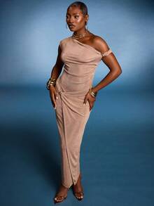 Normani Women's Elegant Ruched Shoulder Cinched Waist Dress, Summer - Brown - View 3