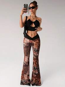 SHEIN ICON 复古佩斯利印花 Y2K 超低腰性感喇叭裤 - 棕色 - 查看 4