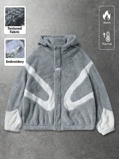 Street Life Veste et manteau pour hommes, automne/hiver, doublure thermique, épais, patchwork, couleur contrastée, broderie anglaise, veste à capuche