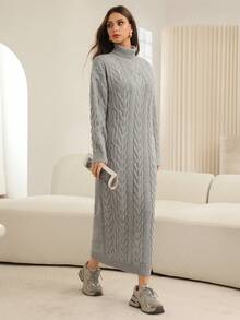 Mulvari Women's Casual Mid-Length Turtleneck Twist Knit Sweater Dress