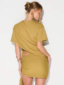 KIZN Mustard Cut-Out Mini Dress With Twisted Drape Detail And Short Sleeves - Army Green - View 2