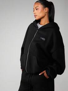 MISSGUIDED 带抽绳和中央口袋的莱茵石热修复徽标全拉链连帽衫休闲街头服饰 - 黑色 - 查看 6