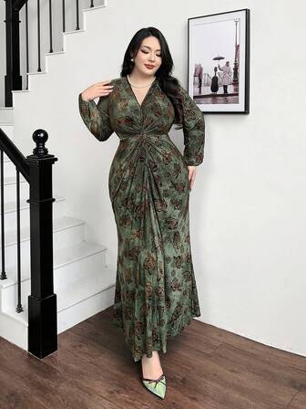 Feyla 秋季大码优雅花卉图案前扭纹V领长袖连衣裙