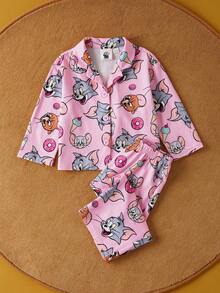 TOM & JERRY X SHEIN Bộ đồ ngủ thu/đông in họa tiết kem hoạt hình dễ thương cho bé gái - Hồng - Xem 1