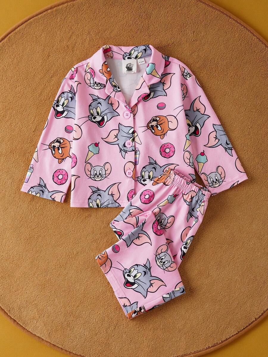 TOM & JERRY X SHEIN Bộ đồ ngủ thu/đông in họa tiết kem hoạt hình dễ thương cho bé gái - Hồng - Xem 1