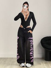 SHEIN Tall Fashionable Casual Low Waist Printed Wide Leg Straight Jeans - Black - View 6