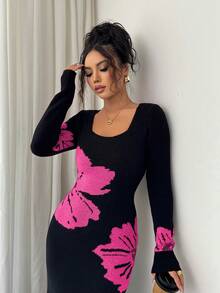 Elenzga Gaun Sweater Bodycon Rajut Jacquard Leher Persegi - Hot Pink - View 4