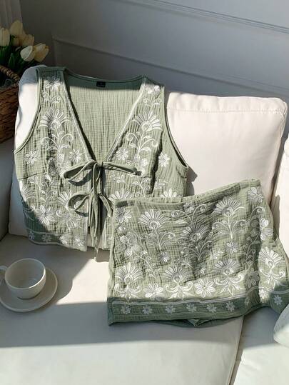 Comfortcana 度假休闲刺绣梭织背心和裙子套装