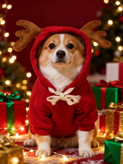 PETSIN 圣诞驯鹿风格猫咪连帽衫——带有可爱鹿角的节日宠物服装