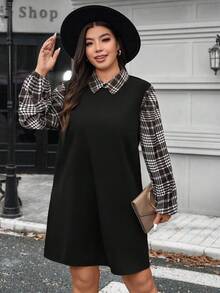 SHEIN LUNE 大码女式秋冬格子图案撞色袖衬衫领长袖休闲连衣裙感恩节装扮节日派对连衣裙女式派对连衣裙 - 巧克力棕 - 查看 6