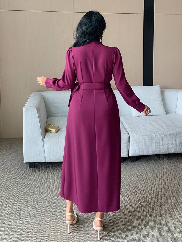 Women's Elegant Solid Color Puff Sleeve Tie Waist Mid-Length Dress, Autumn Maxi Dress