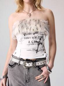 ROMWE Grunge Punk Top tubo de mujer con estampado de letras, decoración de cruz con tachuelas, encaje lateral y diseño romántico punk retro con pelaje, para otoño/invierno como prenda de capa - Beis - Ver 5