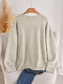 CosyJoli Plus Size Elegant French Style Casual Jacquard Floral Embroidered Crew Neck Pullover Sweater Top For Women/Winter Flower - Khaki - View 2