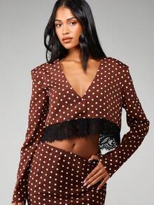 MISSGUIDED 女式波尔卡圆点两件套蕾丝花边纽扣上衣和长裙 - 咖啡棕 - 查看 4