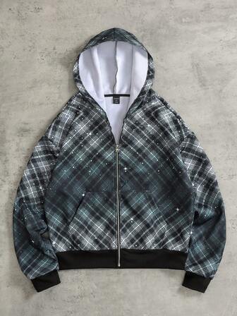 Street Life Herren Retro Farbverlauf Karomuster Reißverschluss Hoodie