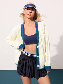 Easithlete Women's Casual V-Neck Button Front Ribbed Knit Cardigan With Pockets, Autumn - Apricot - View 4