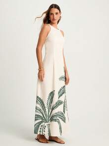 CAJUNI Women's Summer Casual Vacation  Palm Tree Print Sleeveless Long Dress, Island Dress,Tropical Dresses For Women, Palm Tree Dress, Hawaiian Dress Women - Apricot - View 4