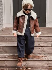 SHEIN Young Boy Teddy Lined Zip Up PU Leather Jacket Chic Outfits For Autumn/Winter