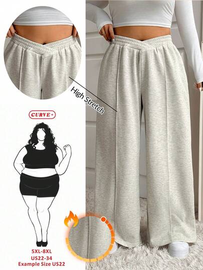 SHEIN CURVE+ Plus Size Women's Grey V-Waist Wide Leg Casual Lounge Pants, Autumn/Winter Baggy