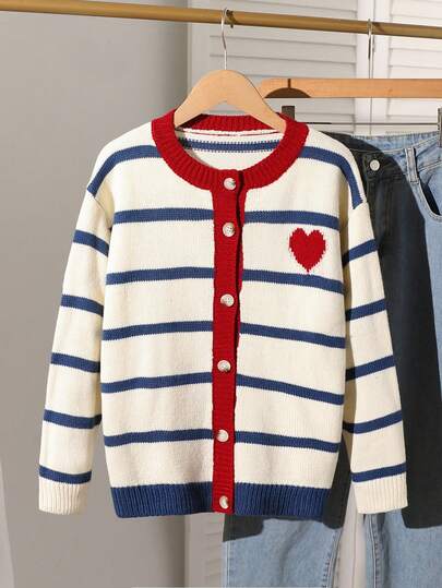 SHEIN 1pc Girls' Casual Striped Colorblock Round Neck Cardigan Sweater, Simple Design, Regular Thickness, Loose Fit, Versatile, Suitable For Daily, Outdoor Activities In Autumn/Winter Children Cardigan Girl Autumn Winter Girl Clothes Kids Sweaters For Girls Girls Cardigan Kids Button Cardigan