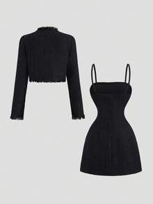 Sweetra 女式新款纯黑色无袖迷你连衣裙，收腰设计，适合外出、聚会、返校，搭配流苏边夹克，两件套，春/秋/冬 - 黑色 - 查看 2