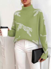 SHEIN Clasi Women's Leopard Pattern Stand Collar Long Sleeve Casual Loose Sweater, Autumn/Winter - Green - View 4
