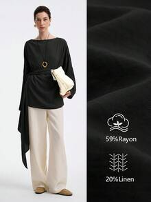 Aalyst 女士亚麻斜纹街头风格度假办公室通勤休闲露肩宽松 A 字腰系带长衬衫女衬衫，春秋冬 - 黑色 - 查看 4