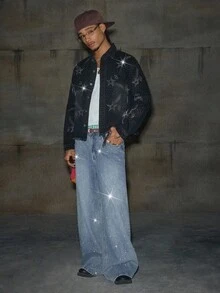 AXEPEAK Men's Fashion Commuter Rhinestone Embellished Wide Leg Jeans - Blue - View 4