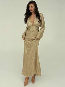 Aloruh Women's Champagne Gold Deep V-Neck Elegant Long Sleeve Gold Foil Dress,Autumn Dining Party Evening Wedding Guest Dresses,Chic Date Outfit - Gold - View 10