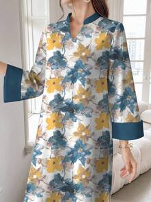 SHEIN Najma Women's Watercolor Floral Digital Print Elegant Robe With Stand Collar, Long Sleeve, Suitable For Spring And Autumn Kaftan Jalabiya Dress - Multicolor - View 3