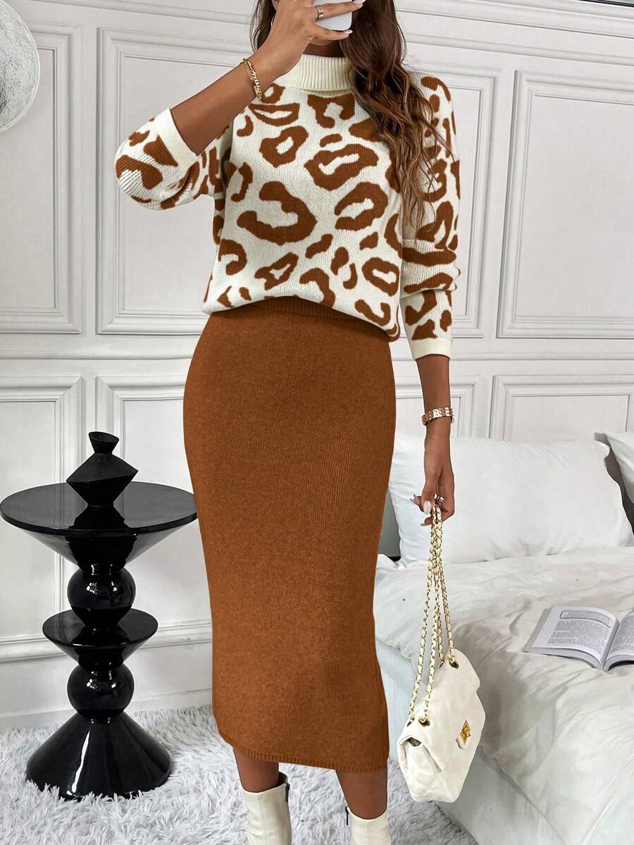 SHEIN LUNE Set de 2 suéteres elegantes de punto ajustados con estampado de leopardo - Naranja Quemada - Ver 1