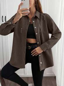SHEIN Cottnline Solid Color , Rhinestone Details, Over Shirt Jacket - Brown - View 4