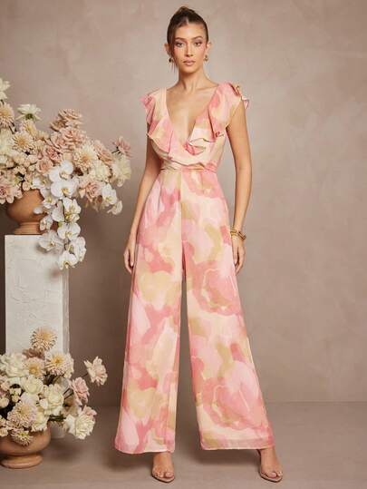 L'Amorae Casual Women's Floral Ruffle Chiffon Sleeveless Jumpsuit
