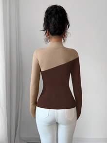 Elenzga Áo len dệt kim đơn giản màu tương phản cổ lọ thanh lịch dành cho nữ - Cà phê nâu - Xem 2