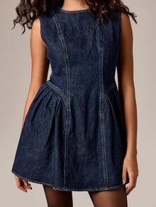 AiiRZ Sleeveless Denim Mini Dress With Fit And Flare Silhouette Perfect For Casual Summer Occasions - Dark Wash - View 4