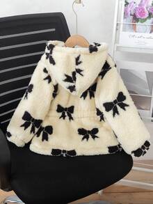 Young Girl' Cute Bow Print Thermal Lined Zip-Up Hooded Cardigan, Waist Cinched Mid-Length Top, Autumn/Winter