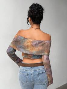 Jeanoix Women's Full Print Cropped Sexy Fashionable Long Sleeve Shoulder Top - Multicolor - View 3