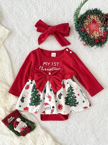 Playful Pals Baby Girl Christmas Letter, Christmas Tree, Santa Claus Print Bow Decor Romper Dress + Headband, Autumn/Winter
