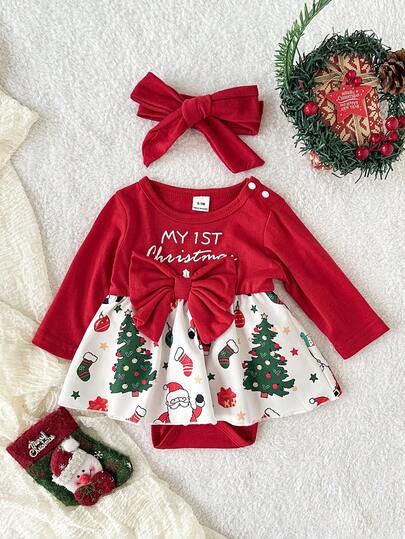 Playful Pals Vestido de pelele con estampado de carta de Navidad, árbol de Navidad y Papá Noel, con diadema decorativa, para bebé niña, para otoño/invierno