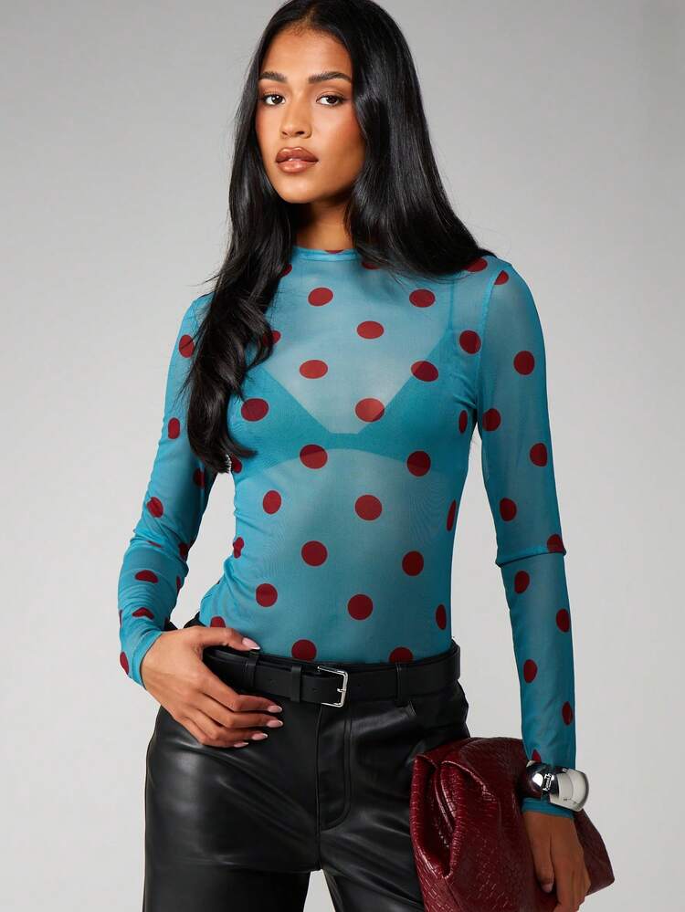 MISSGUIDED Blusa de manga larga con cuello alto y estampado de lunares en malla para otoño e invierno