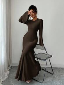 Elenzga Women's Elegant Stretchy Fitted Mermaid Hem Ruffle Sleeve Dress, Autumn/Winter - Coffee Brown - View 3