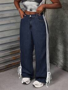 Slaydiva 大码休闲侧边饰带高腰宽松牛仔裤 - 霧霾藍 - 查看 6