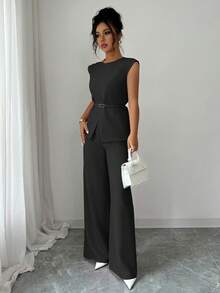 Elenzga 女士优雅办公室通勤休闲下午茶派对装，领腰金属扣可调节肩部金属扣装饰不对称下摆分层衬衫搭配宽松阔腿裤，2 件套 - 黑色 - 查看 5