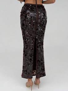 Aloruh Women's Fashionable Sequin Skirt For Party - Burgundy - View 2