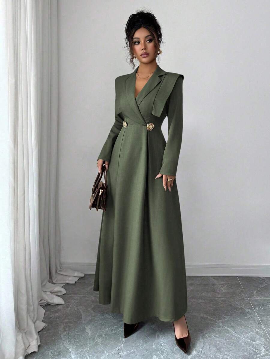 Elenzga Elegant Crossover Collar Cinched Waist A-Line Dress, Metallic Flower Decor, Commuting & Formal Wear, Autumn/Winter, Brown