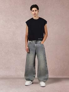 SUMWON 休闲无袖毛边短款背心基本款肌肉 T 恤街头潮流棉质夏季基本款宽松下摆垃圾摇滚节背心 - 黑色 - 查看 4