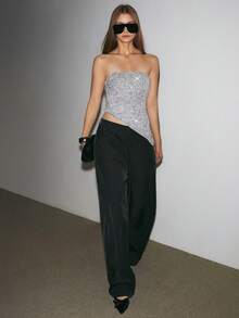 ATUI Studio Áo bandeau thời trang viền bất đối xứng đính sequin bạc, tiệc tùng, lễ Tạ ơn dành cho phụ nữ, tiệc Giáng sinh năm mới - Bạc - Xem 1