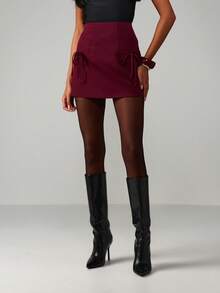 MISSGUIDED 酒红色迷你裙，侧边系带设计，A字高腰，秋冬女装，圣诞节款 - 紅木色 - 查看 4