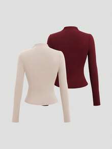 Sweetra Women's Solid Color Y2K Sexy Mock Neck Ruched Long Sleeve T-Shirt - Multicolor - View 2