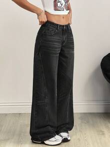 SHEIN Tall Tall Waist Patchwork Embroidered Washed Denim Wide Leg Pants - Black - View 5